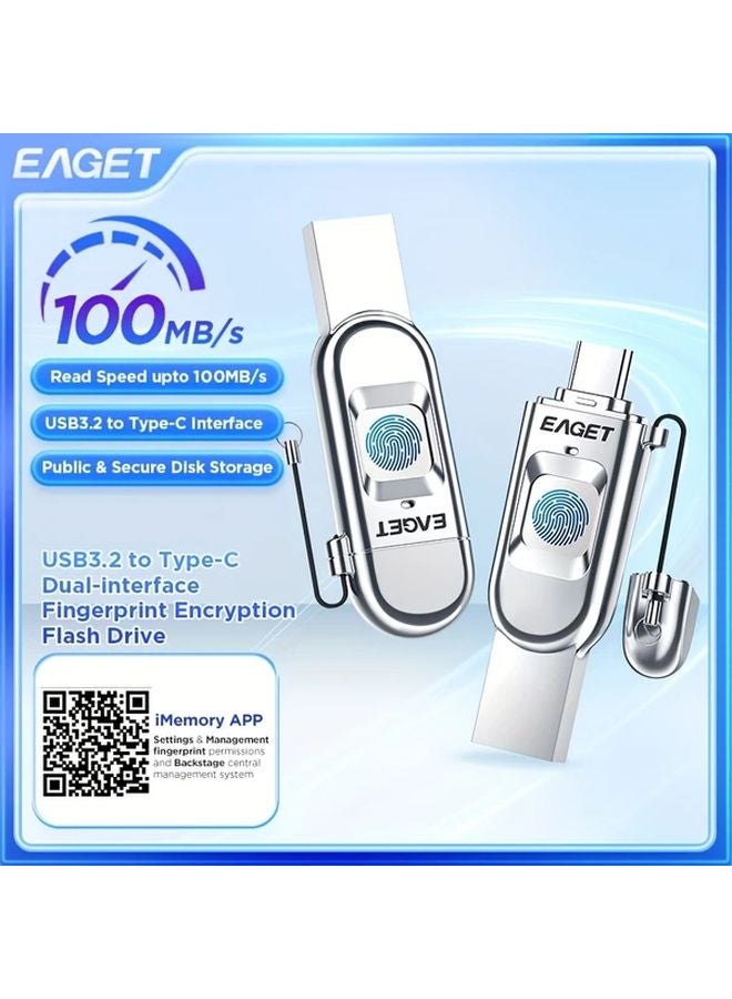 256 جيجابايت EAGET محرك أقراص فلاش USB مشفر ببصمة الإصبع عالي السرعة USB 3.2 تخزين خارجي لهاتف iPhone 16 15 كمبيوتر محمول سطح المكتب - Image 1